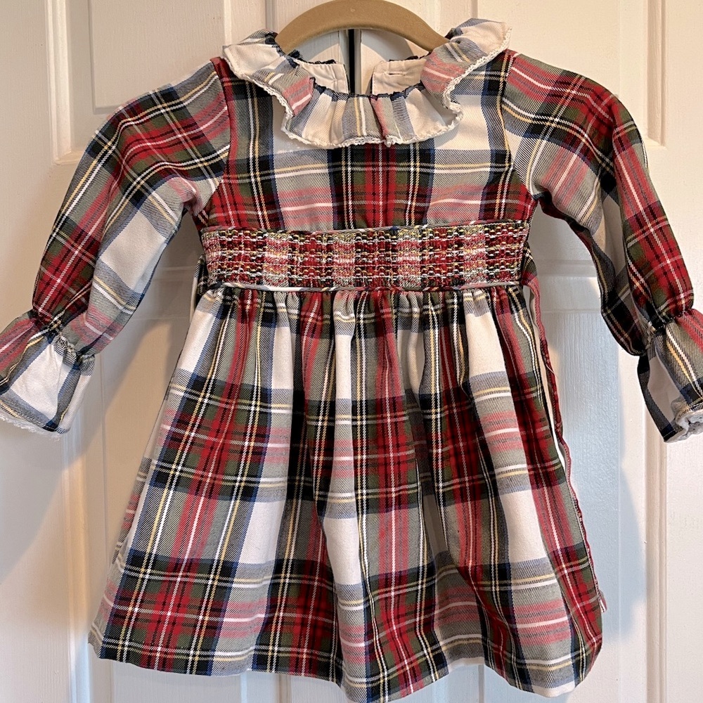 Stewart Plaid , Long Sleeve Girls Dress , Ruffle Collar, Stitched Waistband